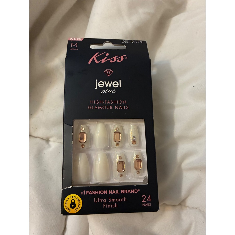 Kiss Jewel Plus High-Fashion Glamour Nails DBJ07RF Medium Coffin 24 Nails New